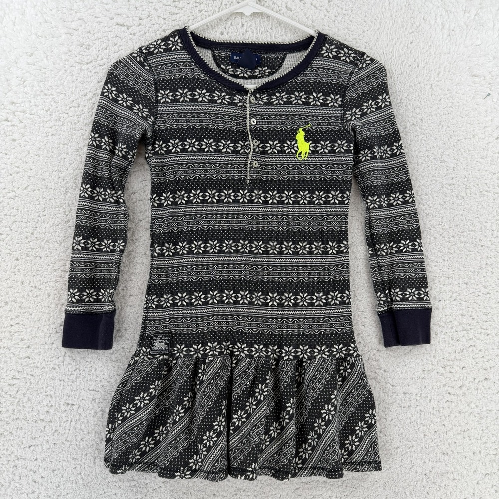 Ralph Lauren Sweater Dress Girls 6X Blue Fair Isle Long Sleeve Henley Drop Waist